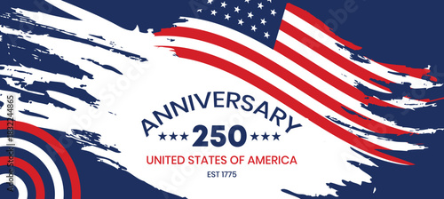 America 250 Anniversary Wave Flag Banner – Dynamic Red White Blue Ribbon Design, Patriotic Celebration Template for 2026