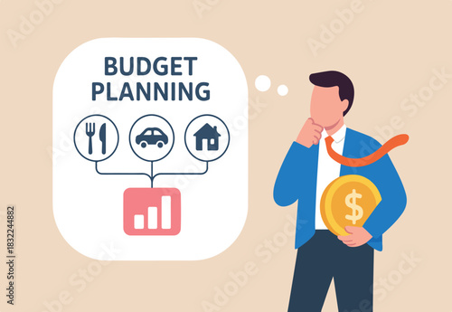 Budget planning, financial management to allocate expense or payment, income and saving, accounting concept, businessman holding money coin think about budget planning with expense categories.