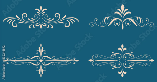 Ornate Decorative Flourish Elements Collection on Blue Background