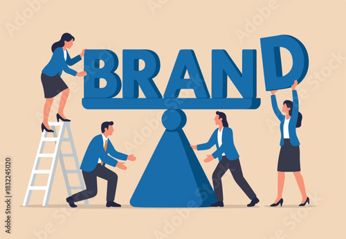 Build branding create brand awareness advertising, product or company value strategy, build reputation or identity for customer recognition concept, business people help building the word BRAND.