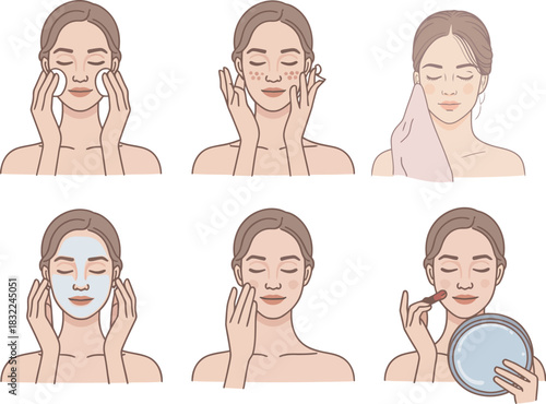 Illustration set of a woman's daily skincare and makeup application steps