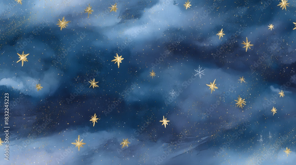Fototapeta premium Winter night watercolor illustration evokes cozy Christmas magic with twinkling golden stars softly glowing