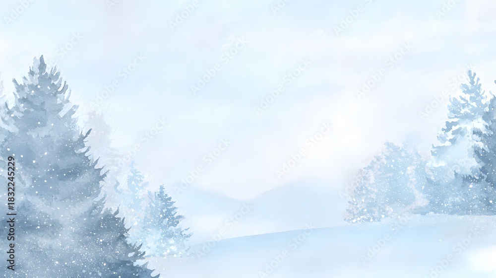 Fototapeta premium Festive watercolor winter landscape cozy snow scene perfect for holiday cards and invitations