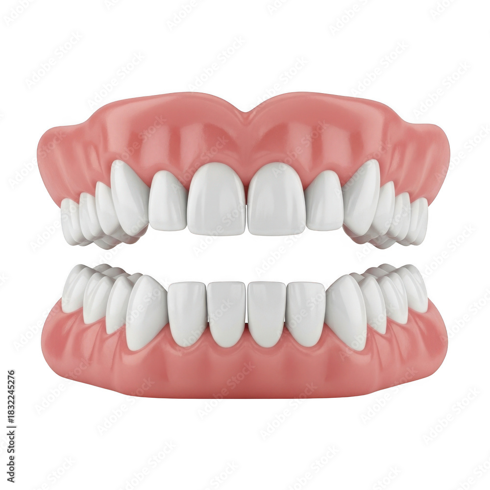 Fototapeta premium Realistic 3d render of a full set of upper and lower dentures with white teeth isolated on transparent background