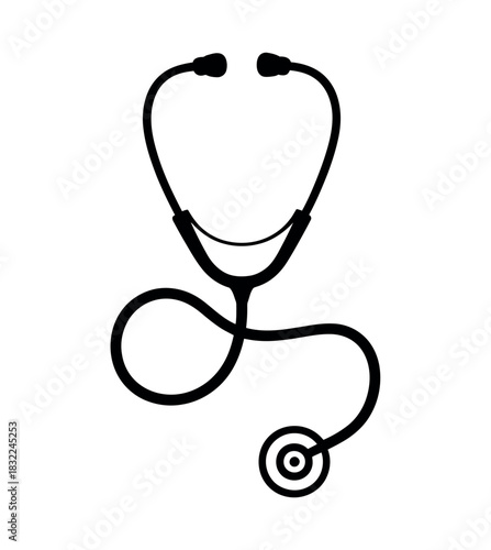 Isolated black and white illustration of a stethoscope with coiled tubing design