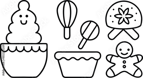 Thin-line Christmas baking icon set featuring cookies, gingerbread men, and festive dessert tools.