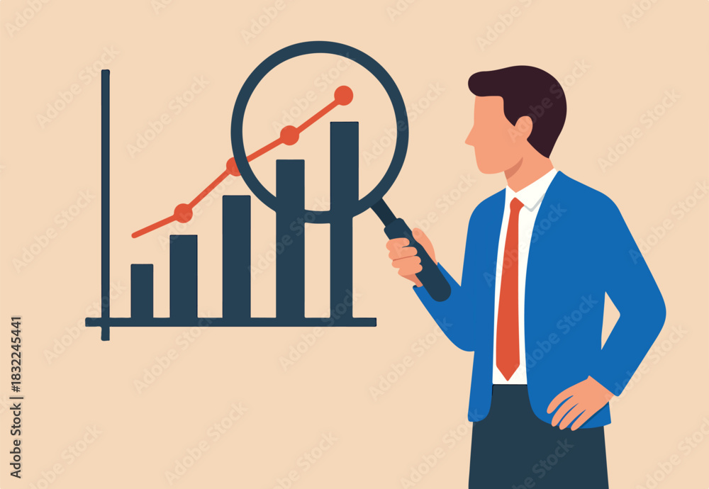 Obraz premium Business analysis, calculate or research for market growth, financial report, investment data or sale information concept, smart businessman analyst holding magnifying glass analyze graph and chart.