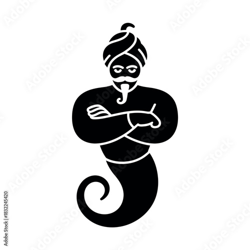 Black silhouette of a genie with a turban and crossed arms on a white background