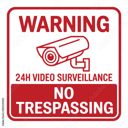 Warning sign with camera icon indicating video surveillance and no trespassing notice