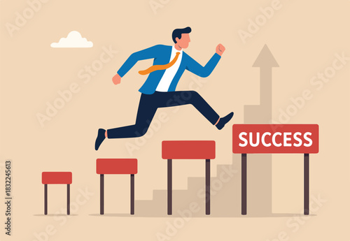 Business challenge, overcome difficulty or obstacle to achieve business success, effort, skill or aspiration to solve problem concept, ambitious businessman jump over hurdles to find higher obstacles.