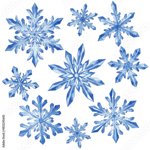 ultra detailed watercolor illustration of eight frosty blue crystalline snowflakes with visible pigment texture, scattered on a transparent backdrop, flat lay asset. concept for elegant christmas