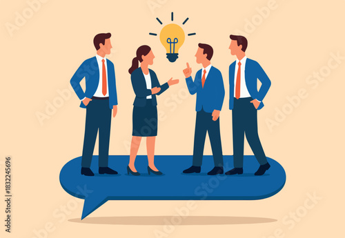 Business communication, work discussion or conversation to gathering new idea concept, business people, colleague standing on speech bubble talking about new ideas
