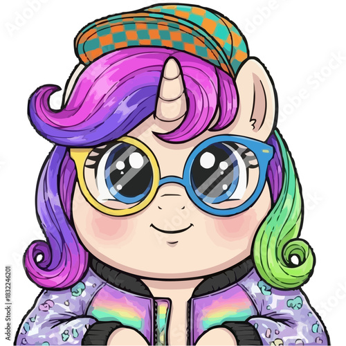 Kawaii Chubby Pony Close-Up with Colorful Mane and Fashion Accessories