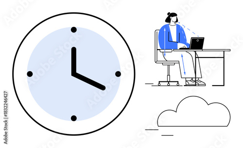 Time management concept. A clock, remote work scene, and a cloud icon highlight time efficiency, remote collaboration, and cloud computing. For productivity, teamwork, and cloud-based workspaces