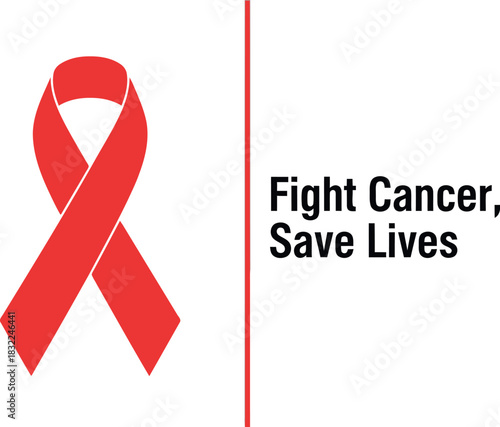 Red awareness ribbon and 'fight cancer, save lives' text graphic