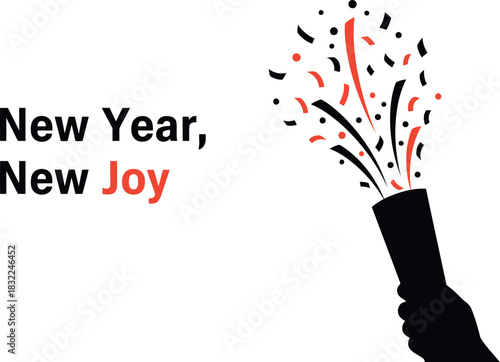 New year, new joy text, hand holding party popper confetti burst