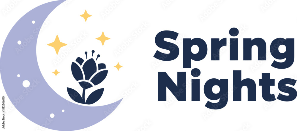 Fototapeta premium Crescent moon and flower with stars, spring nights concept logo