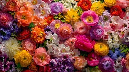 Vibrant Floral Wall Background with Colorful Blooming Flowers