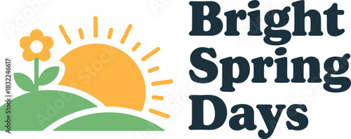 Cheerful spring season logo with sun, green hills, and blooming flower