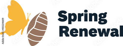 Spring renewal text with yellow butterfly and brown leaf icon