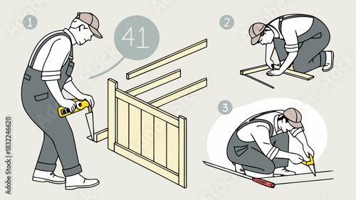 “Furniture-building steps — 4-step vector sequence — measuring, cutting, assembling, polishing — clean stock-friendly style.”