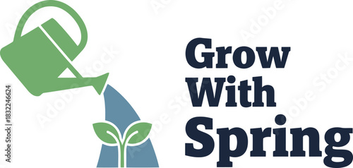 Grow with spring logo vector graphic with watering can and plant.