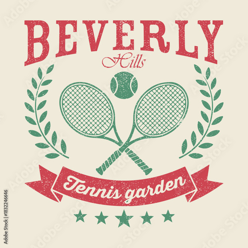 Beverly tennis garden. Retro Fashion Vector Art Vector Tennis Club Illustration, Beverly hills, tennis garden. T-shirt print design with vintage tennis racket slogans. Vintage typography college sport
