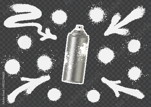 Spray paint streaks and drips with metallic aerosol can on transparent background.