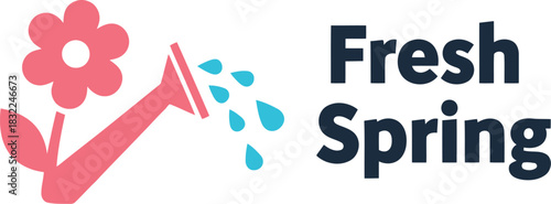 Fresh spring text, flower and watering can icon illustration