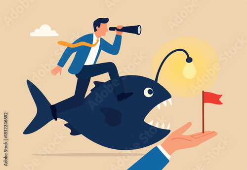 Business discovery, spotlight to guide success direction to find new opportunity, deep dive analysis or leadership challenge way, businessman riding angler fish with spotlight to search for success