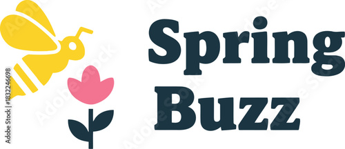 Spring buzz logotype with a yellow bee and pink flower symbol