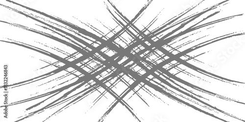 Abstract grey brush strokes form a criss-cross pattern on a white background.