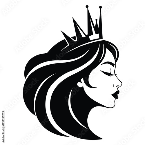 Black and white silhouette profile of a beautiful queen with long flowing hair wearing a sharp modern crown, isolated on vector illustration