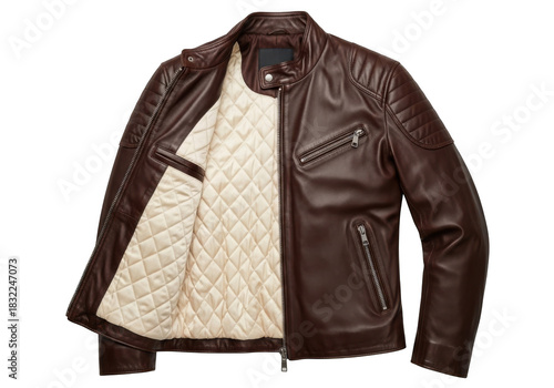 Stylish dark brown leather motorcycle jacket with quilted lining, open to show interior detail, isolated on transparent background