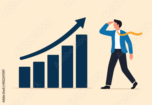  Business growth graph and chart, investment profit increase, return or earning rising up, upward trend or boost business growth, businessman look at bar chart with rising up improvement diagram.