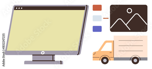 Computer monitor next to image thumbnail with transfer arrows leading to delivery truck. Ideal for online shopping, digital media, logistics integration, e-commerce, digital delivery, virtual