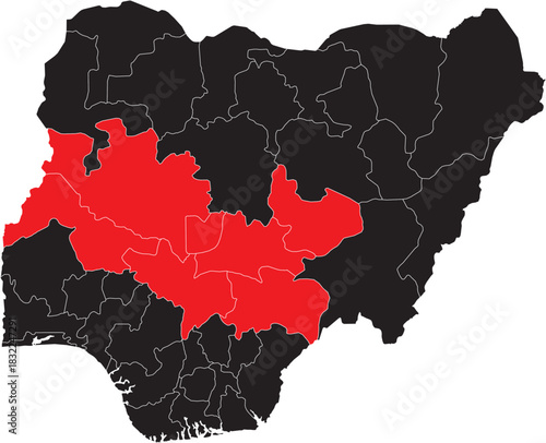 North Central Region on Map of Nigeria Editable Vector