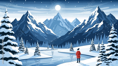 A serene winter illustration of a solitary person in a red coat admiring a breathtaking view of snow-capped mountains and a frozen river