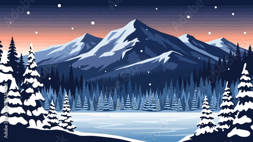 Winter Wonderland A Majestic Snowy Mountain Landscape with Pine Trees and Serene Lake Scenery