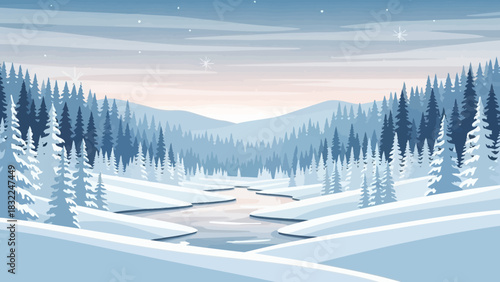 Winter Wonderland A Snowy Landscape Illustration of a Frozen River Valley