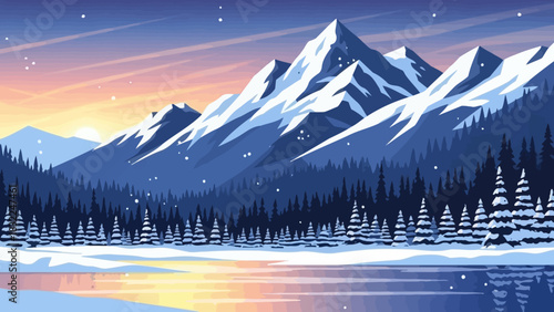 Serene Winter Landscape Snow-Capped Mountains and Frozen Lake