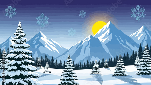 Winter mountain landscape with snow-covered pine trees and bright sun shining through the cold, frosty sky, adorned with large, delicate snowflakes