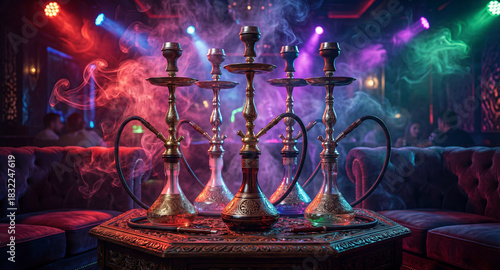 Five Smoking Luxury Hookahs on Beautiful Table in Hookah Lounge. Premium Social Atmosphere.

