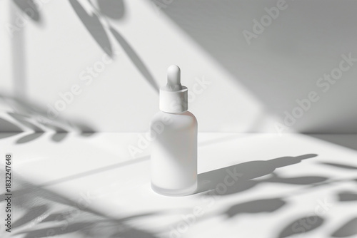 Wallpaper Mural Stunning white cosmetic dropper bottle mockup casting dramatic natural leaf shadows on clean modern surface Torontodigital.ca