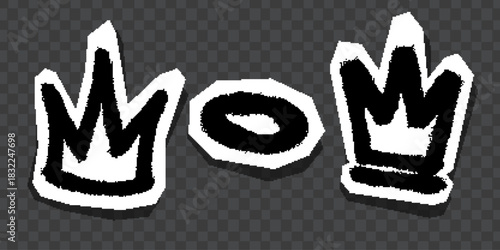 Graffiti-style black crown and symbol stickers with white outlines on dark background.