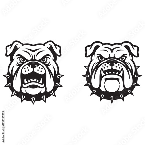 Two black and white bulldog heads with spiked collars
