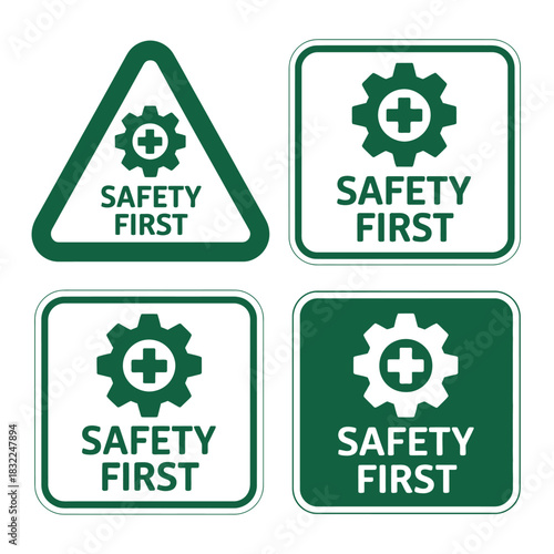 A set of four safety first signs with a gear and cross symbol in green and white colors