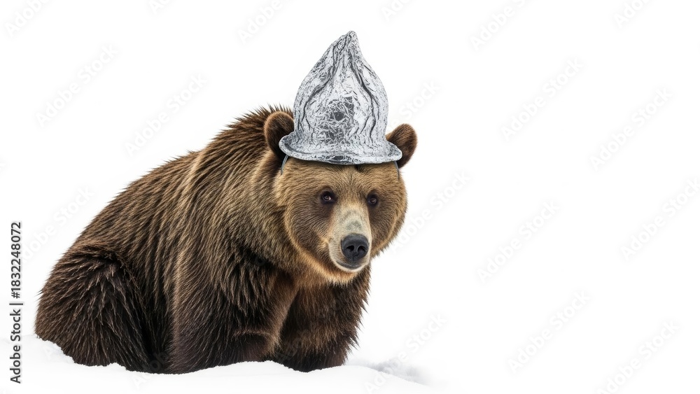 Fototapeta premium bear wearing a tinfoil hat, paranoid, paranoia, on a white background, animal photo