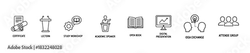 An event icon set with visuals for sessions, workshops, keynote talks, and collaborative discussions.