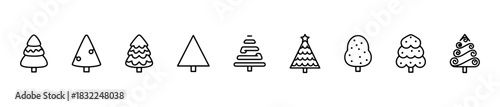 A festive tree icon set with stylized Christmas designs, ornaments, garlands, and abstract patterns.
